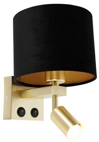 Wandlamp messing met leeslamp en kap 18 cm zwart - Brescia