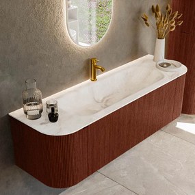Mondiaz Kurve-dlux 150cm badmeubel ronding links/rechts ruby met 1 lade en 2 deuren en wastafel big medium midden 1 kraangat frappe