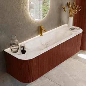 Mondiaz Kurve-dlux 150cm badmeubel ronding links/rechts ruby met 1 lade en 2 deuren en wastafel big medium midden 1 kraangat frappe