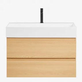 Ona Zwevend Badkamermeubelset Van Hout En Essenfineer Met Geïntegreerde Wastafel Natuurlijk Hout & Spiegelloze & ↔︎ 80 Cm & Mat Zwart ↑2 - Sklum