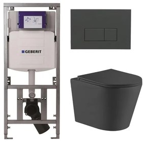 QeramiQ Dely Toiletset - 36.3x51.7cm - diepspoel - rimless - Geberit UP320 Burda inbouwreservoir - softclose toiletzitting - bedieningsplaat antraciet mat - rechtehoekige knoppen - mat zwart SW1026253/0701131/SW1102377/SW1000768