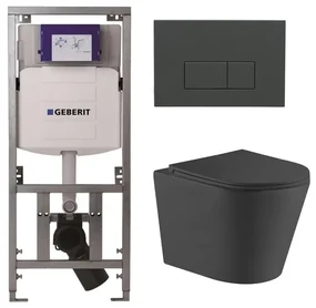 QeramiQ Dely Toiletset - 36.3x51.7cm - diepspoel - rimless - Geberit UP320 Burda inbouwreservoir - softclose toiletzitting - bedieningsplaat antraciet mat - rechtehoekige knoppen - mat zwart SW1026253/0701131/SW1102377/SW1000768