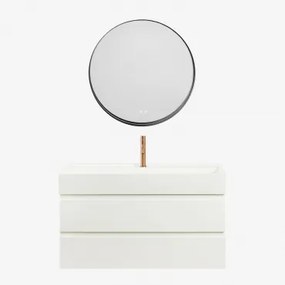 Ona Zwevend Badkamermeubelset Van Hout En Essenfineer Met Geïntegreerde Wastafel Wit & Round Led And Antifog Zwart Ø80 Cm Kimacs - Sklum