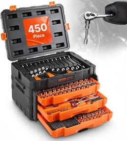 VEVOR Mechanic Tool Set Dopsleutelset (450-delig) 6,4/9,5/12,7 mm aandrijving, diepe en standaard doppen, SAE metrisch Mechanic Tool Set met sleutels en koffer