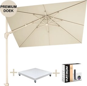 Challenger T2 premium zweefparasol 260x350 cm sandstone champagne met zandkleur 90kg voet en hoes