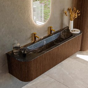 Mondiaz Kurve-dlux 170cm badmeubel ronding links/rechts walnut met 1 lade en 2 deuren en wastafel big large midden 2 kraangaten lava