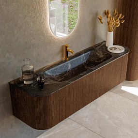 Mondiaz Kurve-dlux 160cm badmeubel ronding links/rechts walnut met 1 lade en 2 deuren en wastafel big medium midden 1 kraangat lava