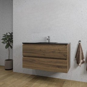 Adema Chaci Badkamermeubelset - 100x46x57cm - 1 keramische wasbak zwart - 1 kraangat - 2 lades - noten (hout) SW1212772/SW761656