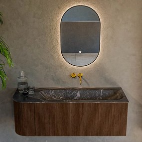 Mondiaz Kurve-dlux 125cm badmeubel ronding links walnut met 1 lade en deur en wastafel big medium rechts zonder kraangat lava