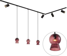 Modern railsysteem zwart met 4 spots en 3 hanglampen paars 1-fase - Iconic Bell Jeana Luxe