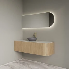 Gliss Design Alluro badmeubel ribbelfront met ronding rechts 140cm mist en wit marmer toppaneel