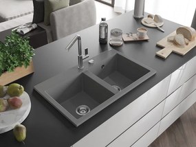 Mexen Hektor granieten gootsteen 2-kamer 800 x 480 mm, grijs, chrom sifon - 6521802000-71