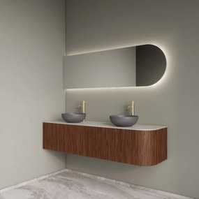 Gliss Design Alluro badmeubel ribbelfront met ronding rechts 160cm walnut en wit marmer toppaneel