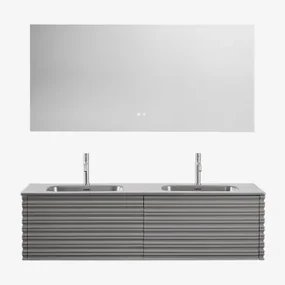 Noura Houten Badkamermeubelset Met Geïntegreerde Wastafels Grijs – Nikkel & Rectangular Led And Antifog 160x75 Cm Jorvi & 2 - Sklum