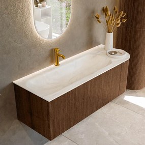 Mondiaz Kurve-dlux 125cm badmeubel ronding rechts walnut met 1 lade en deur en wastafel big medium kraangat links ostra