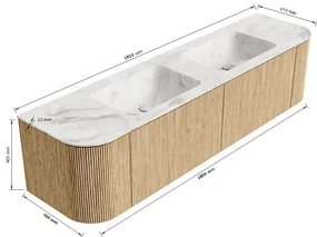 Mondiaz Kurve-dlux 180cm badmeubel ronding links/rechts oak met 2 lades en deuren en wastafel leaf dubbel zonder kraangat opalo