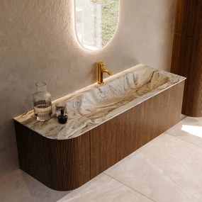 Mondiaz Kurve-dlux 135cm badmeubel ronding links dusk met 1 lade en deur en wastafel big medium kraangat rechts glace