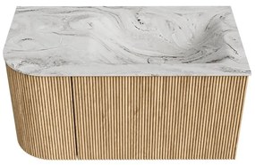 Mondiaz Kurve-dlux 85cm badmeubel ronding links oak met 1 lade en deur en wastafel cloud rechts zonder kraangat glace