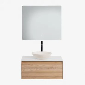 Tedrik Badkamermeubelset In Essenhout Ash Brown & Rond Cement Wit Ø40 Cm Zavion & Rechthoekige Led En Anticondens 80x70 Cm Gualar & Zwart - Sklum