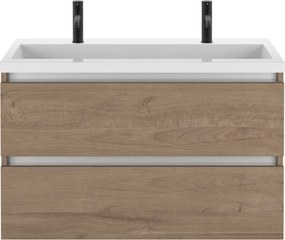 Saqu Gaia badmeubel incl. glans witte wastafel met 2 kraangaten 100x52x64cm toffee – aluminium greeplijst