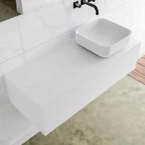 Zaro Lagom volledig naadloos solid surface onderkast met topblad 110cm mat wit met 1 lades Push tot open. Compleet met solid surface opzetkom met 0 kraangat(en)