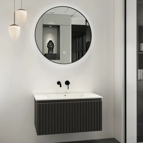 Fontana Lento zwart badmeubel ribbelfront 80cm met witte wastafel zonder kraangat en ronde spiegel