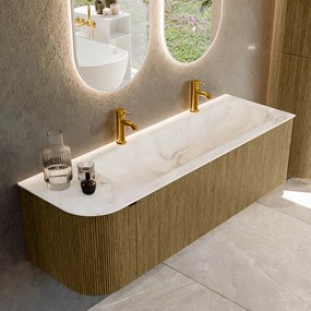 Mondiaz Kurve-dlux 145cm badmeubel ronding links dusk met 1 lade en deur en wastafel big large rechts 2 kraangaten frappe
