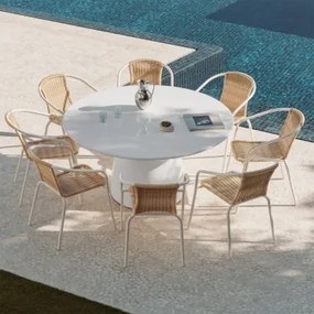 Set Van Ronde Tafel Ø150 Cm In Cement Numira En 8 Stapelbare Tuinstoelen Van Staal En Synthetisch Riet Kalymana Helder Wit - Sklum