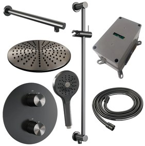 Brauer Gunmetal Carving thermostatische inbouw regendouche met 3 standen handdouche, rechte muurarm, glijstang en hoofddouche 30cm set 92 gunmetal geborsteld PVD