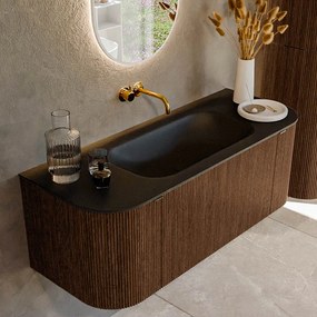 Mondiaz Kurve 120cm badmeubel ronding links/rechts walnut met 1 lade en 2 deuren en wastafel big small midden zonder kraangat urban