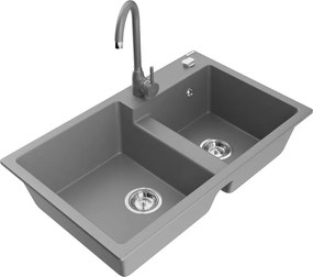 Mexen Tomas granieten gootsteen met 2 kommen en Telma keukenkraan, grijs - 6516-71-670200-71