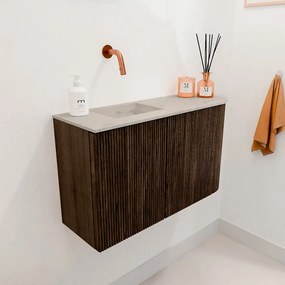 Mondiaz Joya DLux 70cm toiletmeubel ronding rechts walnut met wastafel faye links zonder kraangat opalo
