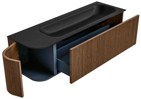 Mondiaz Kurve 145cm badmeubel ronding links walnut met 1 lade en deur en wastafel big large rechts zonder kraangat urban