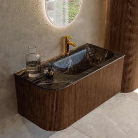 Mondiaz Kurve-dlux 95cm badmeubel ronding links walnut met 1 lade en deur en wastafel big small kraangat rechts lava