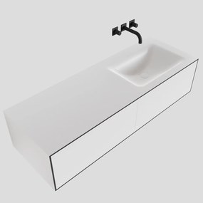 Zaro Lagom volledig naadloos solid surface onderkast 130cm mat zwart met 2 lades Push tot open. Compleet met solid surface wastafel met 0 kraangat(en)