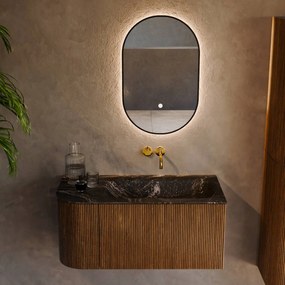 Mondiaz Kurve-dlux 95cm badmeubel ronding links dusk met 1 lade en deur en wastafel big small rechts zonder kraangat lava