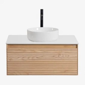 Tedrik Zwevend Badkamermeubelset Van Essenhout Ash Brown & Rond Keramiek Wit Ø40 Cm Lenka & Spiegelloze & Zwart ↑30 Cm Met - Sklum