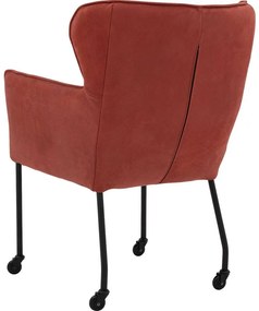 Goossens Excellent Eetkamerstoel Leogang rood leer met armleuning en Zwart skater wiel met zwarte kapmet wielen, elegant chic