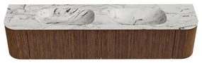 Mondiaz Kurve-dlux 200cm badmeubel ronding links/rechts walnut met 2 lades en deuren en wastafel stor small dubbel 2 kraangaten glace