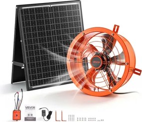 VEVOR Gevelventilator 30,5 cm, zolderventilator op zonne-energie, 1529,1 m³/u, oranje, 3-in-1 ventilatie, koeling en ontvochtiging voor zolders, kassen en opslagruimtes, stalen behuizing, met thermostaat en 35W zonnepaneel