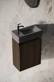 Fontana Recto toiletmeubel ribbelfront kasteel bruin 40x22cm met natuurstenen fontein links
