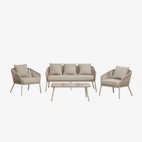 Tuinset Met 2-zitsbank, 2 Fauteuils En Salontafels In Aluminium En Gevlochten Touw Arhiza Moka Bruin - Sklum