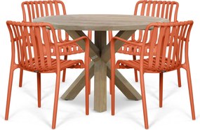 Tuinset Ronde Tuintafel 4 personen 120 cm Kunststof Oranje Domani Furniture Alba/Sand