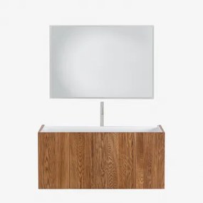 Badkamermeubelset In Hout Met Geïntegreerde Wastafel Fiore Donker Hout & Rechthoekige Led En Anticondens 100x70 Cm Tamsin & Geborsteld - Sklum