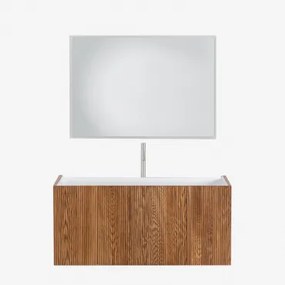 Fiore Houten Badkamermeubelset Met Geïntegreerde Wastafel Donker Hout & Rectangular Led Y Antivaho (100x70) Tasmin & Chroom ↑30 - Sklum