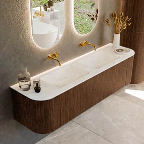Mondiaz Kurve-dlux 170cm badmeubel ronding links/rechts walnut met 1 lade en 2 deuren en wastafel leaf dubbel zonder kraangat opalo