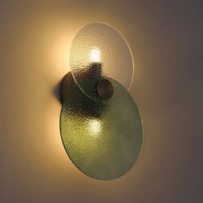Art Deco wandlamp donker brons met groen en helder glas 2-lichts - Text