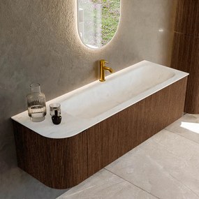 Mondiaz Kurve-dlux 145cm badmeubel ronding links walnut met 1 lade en deur en wastafel big large kraangat rechts opalo