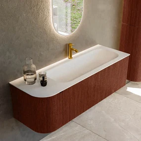Mondiaz Kurve 135cm badmeubel ronding links ruby met 1 lade en deur en wastafel big medium kraangat rechts