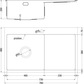 Mexen Exar roestvrijstalen gootsteen met 1 kom en afdruiprek, rechts 780 x 480 mm, inox - 6434781010P-01